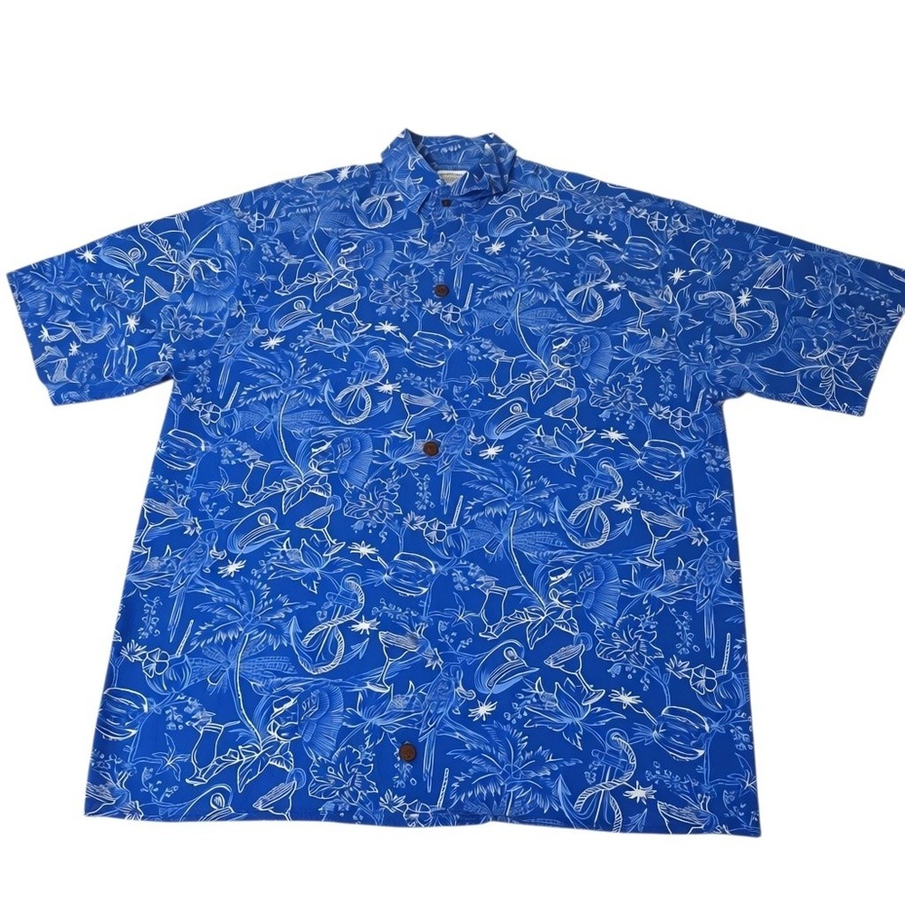 Margaritaville Kenny Flowers Button Down Boys M Blue Tropical Rayon Aloha Shirt
